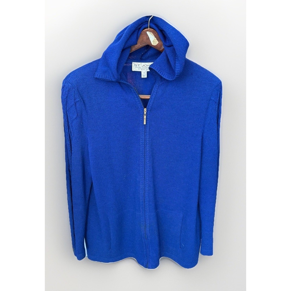 Vintage St. John Sport Essentials Hooded Knit Cardigan Full Zip Sz S Royal Blue